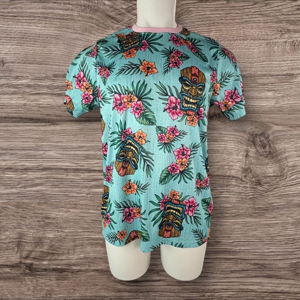 Good Vibes Hawaiian Shirt Tiki Mens Large Blue Short Sleeve Crew Neck (60)